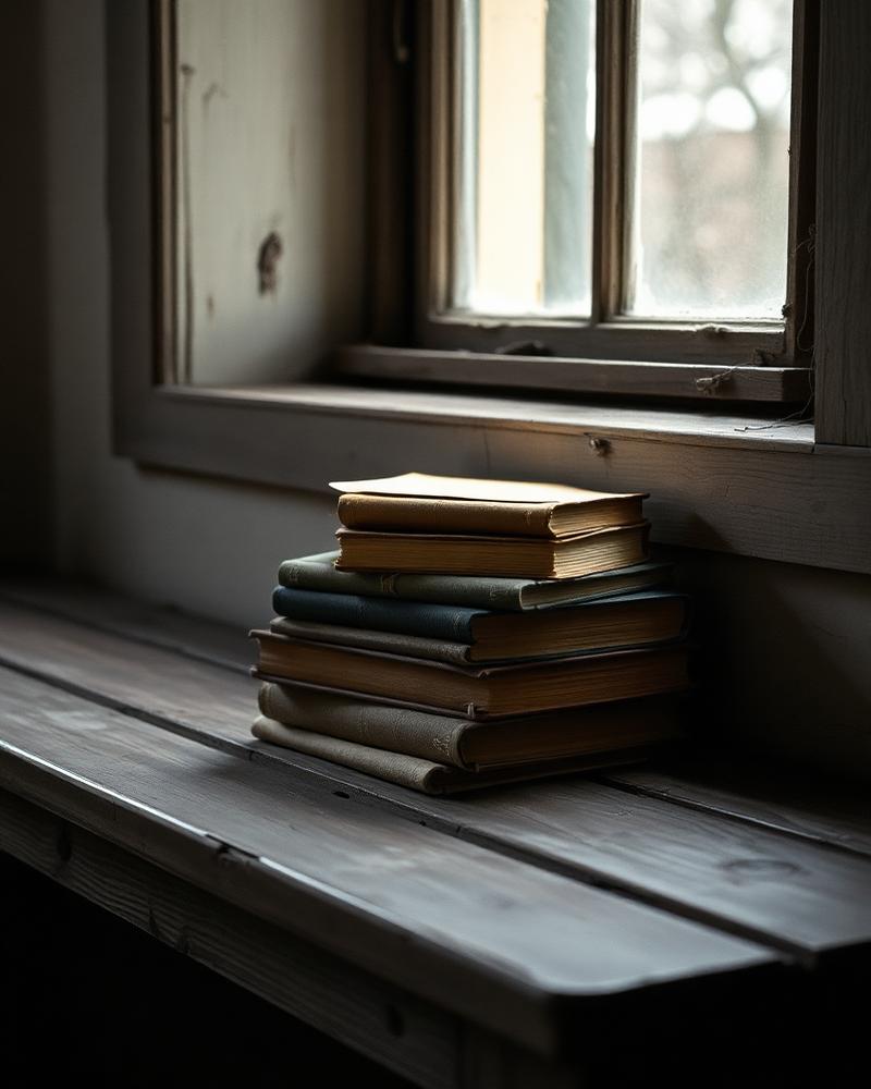 Weathered books on a wooden bench by a window