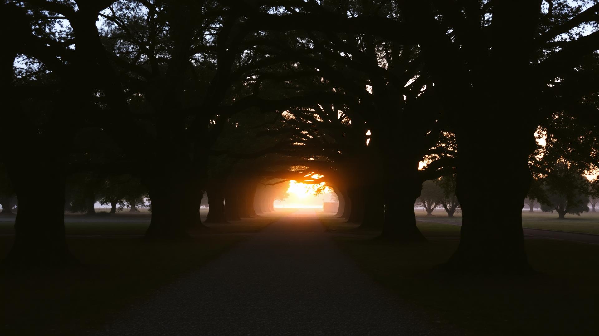 A path beneath old oak trees at dusk